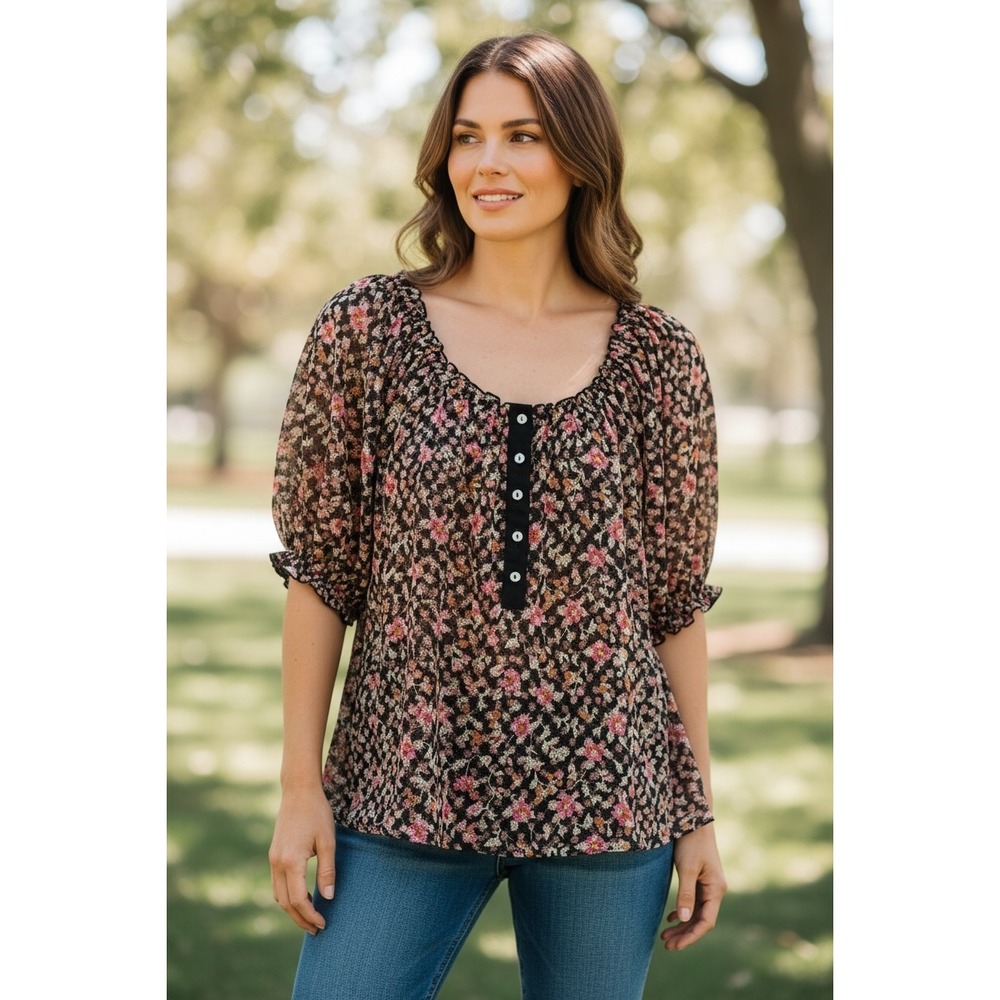Free People Womens Floral Mesh Lace Puff Sleeve Button Front Top XS Black Pink